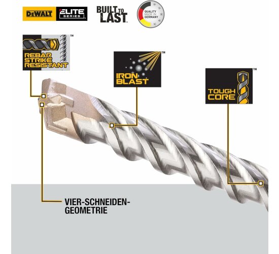 Dewalt SDS-Plus Elite Hammerbohrer DT8932 (10x460x400mm, mit Vier-Schneiden-Geometrie, Vollhartmetall-Kopf & Iron Blast Technologie, für den Einsatz in Beton, Mauerwerk, Natur- & Kunststein)