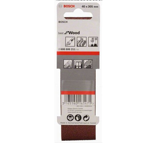 Bosch Schleifband 3 Stück, 40 x303 mm Körnung 60 / 80 / 120  für Bandschleifer