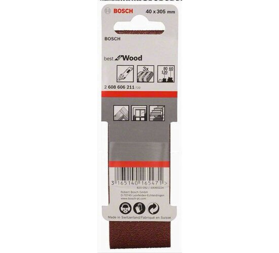 Bosch Schleifband 3 Stück, 40 x305 mm Körnung 60 / 80 / 120  für Bandschleifer