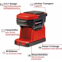 Einhell Akku-Kaffeemaschine TE-CF 18 Li-Solo Power X-Change 18 V, 240 ml Wasserbehälter, für Filterkaffee & Kaffeepads, Tragegriff, inkl. Kaffeetasse mit Deckel, ohne Akku