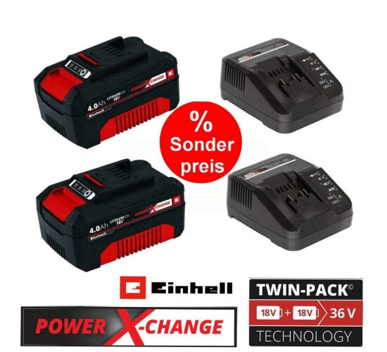 2 x Original Einhell 4,0 Ah Akku und 2 x Ladegerät Power X-Change Li-Ion, 18 V