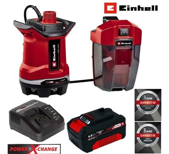 Einhell Akku-Schmutzwasserpumpe GE-DP 18/25 Li-4.0 Ah Power X-Change (18 V, 7.500 L/h Fördermenge, 5 m Förderhöhe, ECO- und BOOST-Modus, mit Akku / Ladegerät