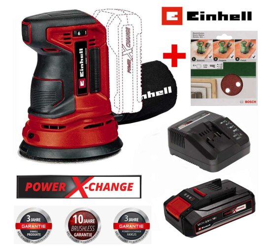 Einhell Exzenterschleifer TE-RS 18 Li- 18V  Akku 2.5 Ah + Bosch 6tlg Schleifblattset