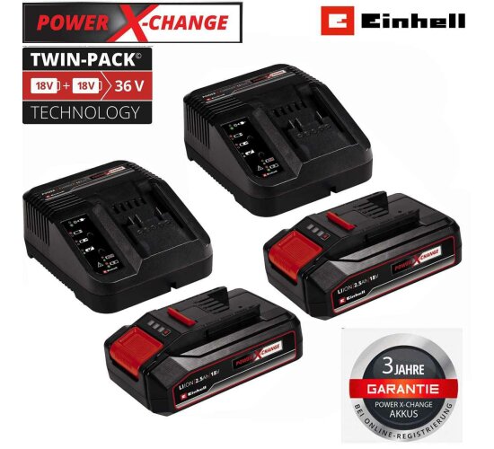 2 x Original Einhell 2.5 Ah Akku und 2 x Ladegerät Power X-Change Li-Ion, 18 V