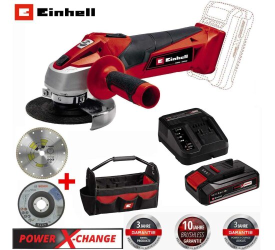 Einhell Winkelschleifer TE-AG 18/115 18V 115 mm +Akku 2.5 Ah, Bag, 2 Bosch Trennscheiben