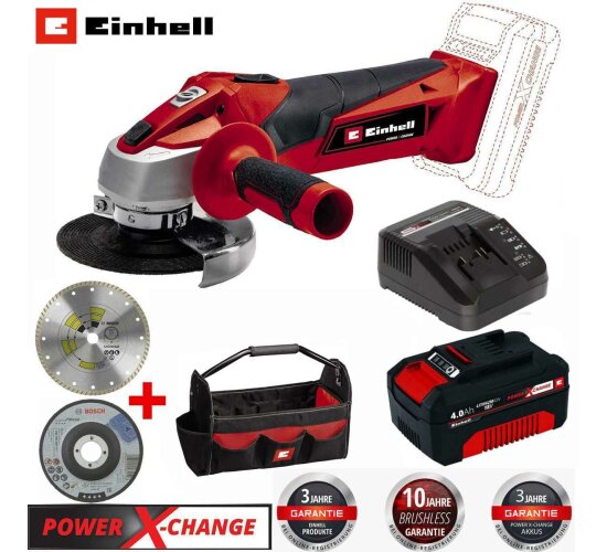 Einhell Winkelschleifer TE-AG 18/115 18V 115 mm +Akku 4.0 Ah, Bag, 2 Bosch Trennscheiben