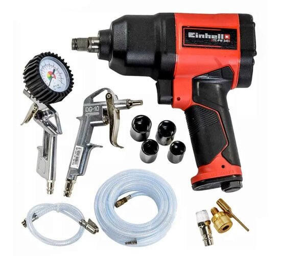 Einhell 10-tlg.Set Druckluft-Schlagschrauber, Ausblaspistole, Reifenfüller, Druckluftschlauch