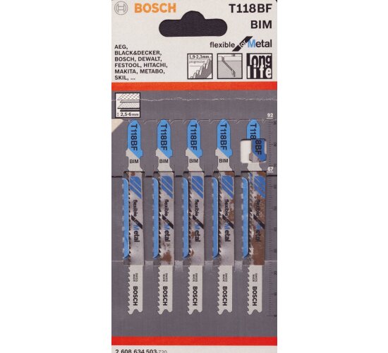 Bosch 5x Stichsägeblatt T118BF Flexible for Metal, Stahlbleche Alu