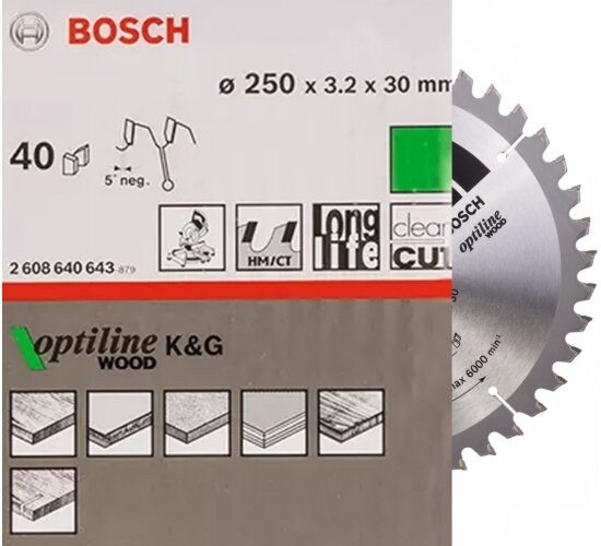 Bosch  Pro  Kreissägeblatt, 250 x 3,2  x 30 mm, 40 Z Optiline Wood