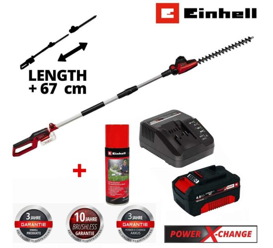 Einhell Akku-Teleskop-Heckenschere GC-HH 18/45 Li T-Solo mit Akku 4.0 Ah und Ladegerät Spray