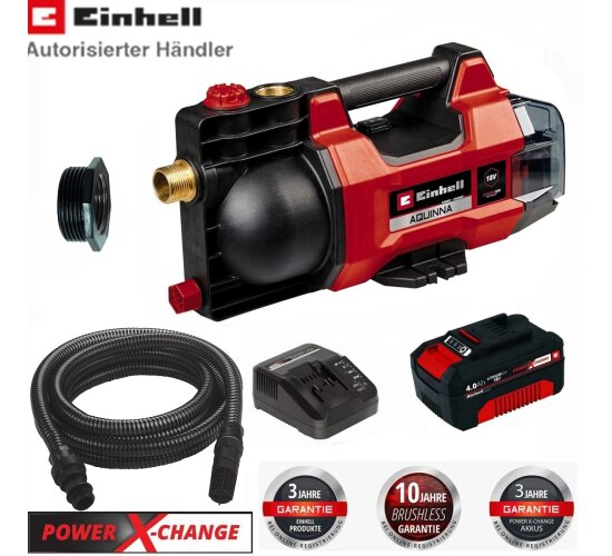 Einhell 18V Gartenpumpe AQUINNA 18/28 Akku 4.0 Ah ECO-/ Boost- Saugschlauch 4 m