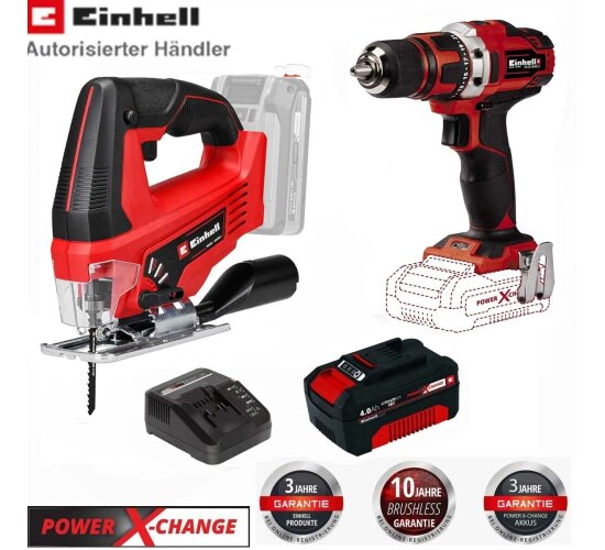 Einhell Set Akku-Bohrschrauber TE-CD 18/40 Stichsäge TC-JS 18V Akku 4 Ah
