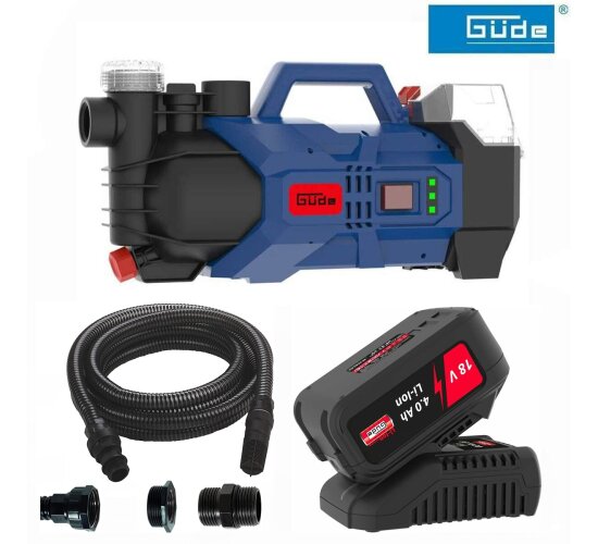 Güde Gartenpumpe GP 18 V mit Akku 4.0 Ah Wasserfilter Saugschlauch