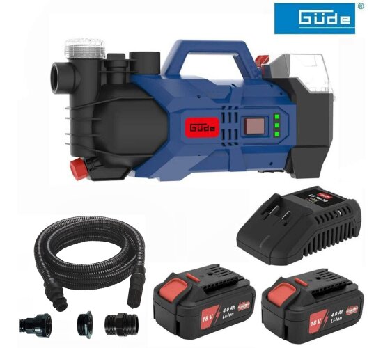 Güde Gartenpumpe GP 18 V mit 2 Akkus 4.0 Ah Wasserfilter Saugschlauch