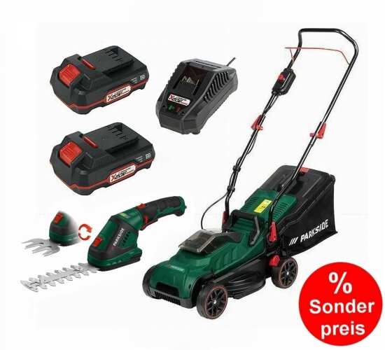 PARKSIDE Gartenset Rasenmäher PRMA 20-Li, 2 Akkus + Gras und Strauchschere