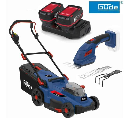 GÜDE Akku Rasenmäher RM 36/37 mit 2 x Akku 4.0 Ah Gras + Strauchschere