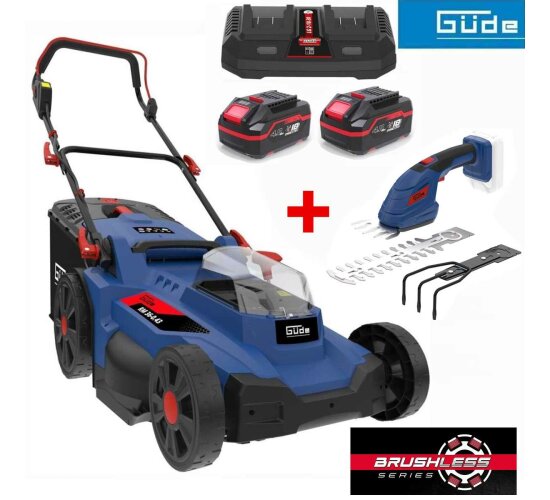 GÜDE Akku Rasenmäher RM 36/43 mit 2 x Akku 4.0 Ah, Gras + Strauchschere Ladegerät