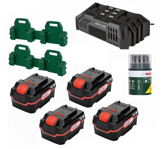 PARKSIDE 4 x Akku PAP 20 A3 - 4.0 Ah 20V Doppelladegerät 4 Wandhalter