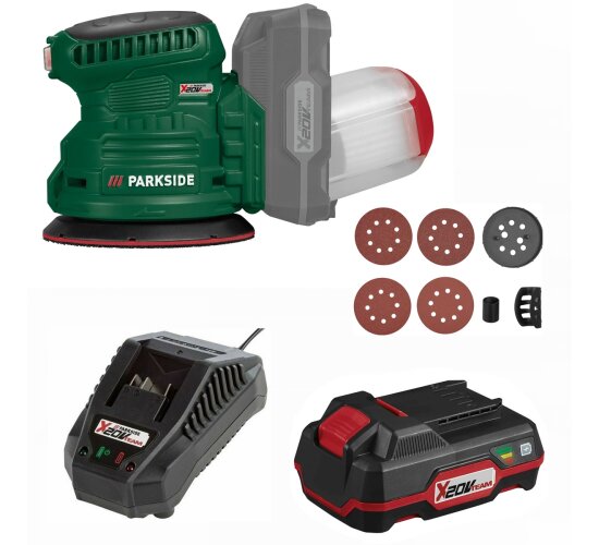 PARKSIDE Akku-Exzenterschleifer PAEXSG 20-Li  4 Schleifblättern,mit Akku 2.0 Ah Ladegerät