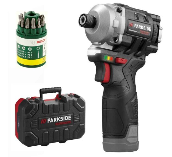 PARKSIDE PERFORMANCE 12V Akku-Drehschlagschrauber PDSSAP 12 + Bosch Bitset 10 tlg.
