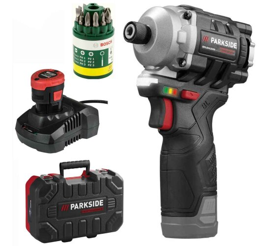PARKSIDE12V Akku-Drehschlagschrauber PDSSAP 12 Akku 2 Ah + Bosch Bitset 10 tlg.
