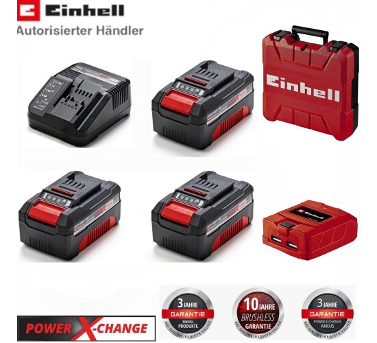 3 x Original Einhell 4,0 Ah Akku, Ladegerät,  18V Koffer, USB Adapter