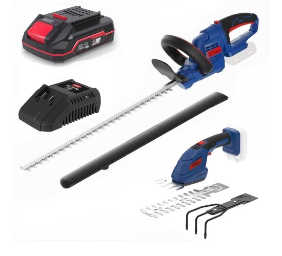 Güde Heckenschere HS 18 + Gras & Strauchschere, Akku 2.0 Ah & 3A Ladegerät