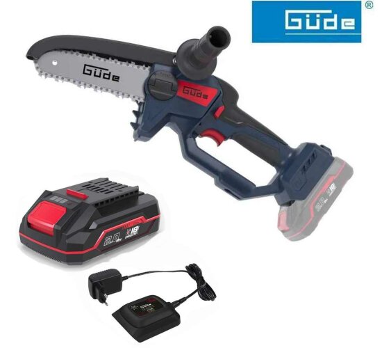 Güde Akku Astsäge GAK 18.1 Mini Kettensäge 18V, Akku 2.0 Ah Ladegerät 0,5 A, Automatische Kettenschmierung.