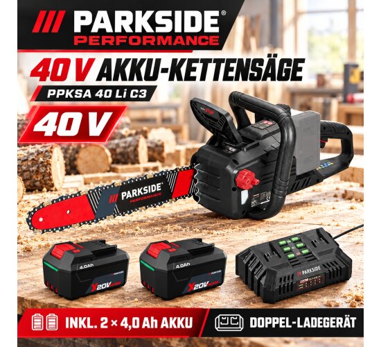 PARKSIDE PERFORMANCE 40V Kettensäge PPKSA 40 Li C3 Akku 4.0 Ah, Doppel Ladegerät