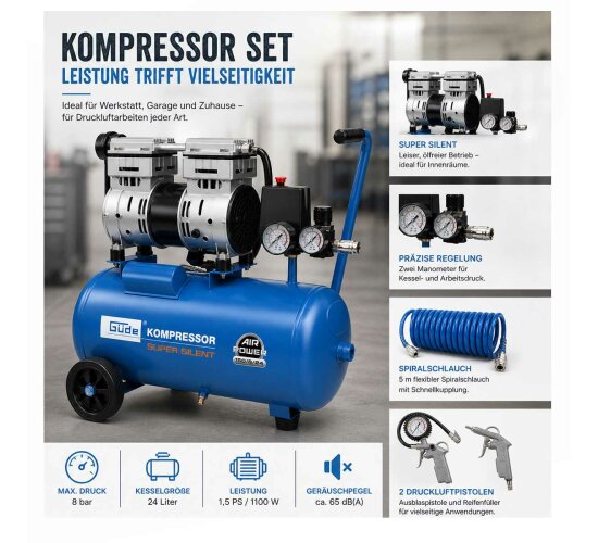 Güde Flüster Kompressor 150/8/24 SUPER SILENT 49 db+ 3er Druckluftset