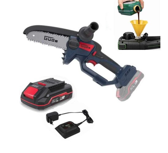 Güde Akku Astsäge GAK 18.1 Mini Kettensäge 18V, Akku 2.0 Ah Ladegerät 0,5 A, Automatische Kettenschmierung.