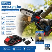Güde Akku Astsäge GAK 18.1 Mini Kettensäge 18V, Akku 2.0 Ah Ladegerät 0,5 A, Automatische Kettenschmierung.