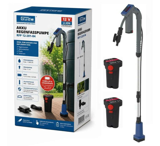 Güde Akku Regenfasspumpe 12V RFP 12-201-04 Gartenpumpe  2 Akkus und Ladegerät