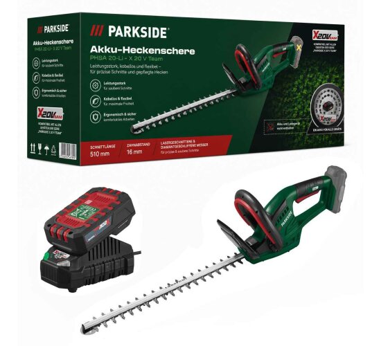 PARKSIDE Akku Heckenschere PHSA 20-Li - X 20 V Team mit Akku 2.0 Ah & Ladegerät
