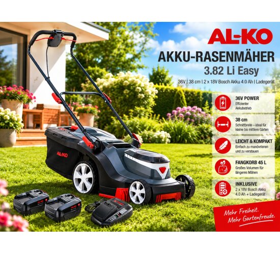 AL-KO Akku-Rasenmäher 3.82 Li Easy, 36V 38 cm, 2 x 18V Bosch Akku 4.0 Ah, Ladegerät