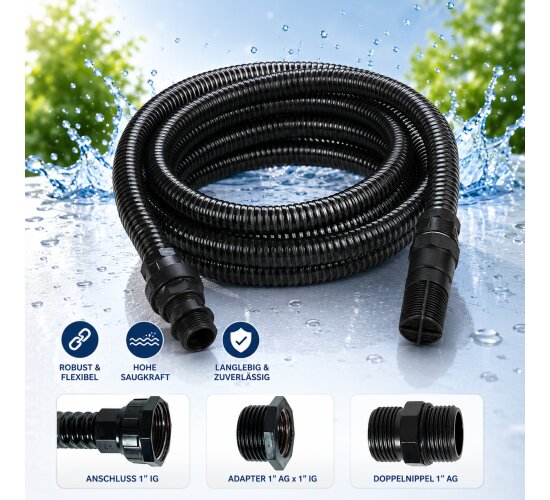 Saugschlauch f. Gartenpumpe 7 m Anschluss 42 mm, 1 1/4 Zoll + Filterkorb für Güde, Einhell, Metabo, ..