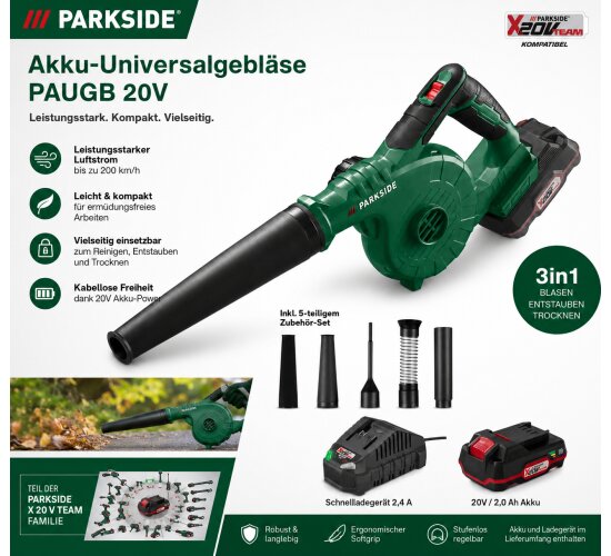 PARKSIDE 20 V Akku-Universalgebläser PAUGB, Laubbläser mit Akku 2 Ah /Ladegerät