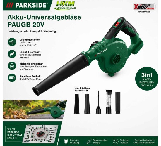 PARKSIDE 20 V Akku-Universalgebläser PAUGB, Laubbläser ohne Akku und Ladegerät
