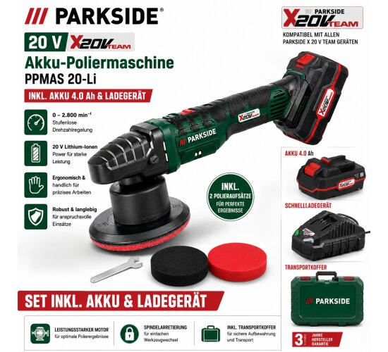 PARKSIDE 20 V Akku-Poliermaschine PPMAS  20-Li, Akku 4.0 AAh / Ladegerät