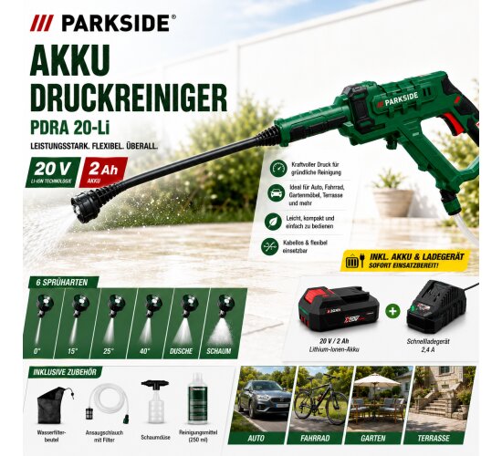 PARKSIDE Akku Druckreiniger PDRA 20-Li, 6 Sprüharten, mit Akku 2 Ah, Ladegerät