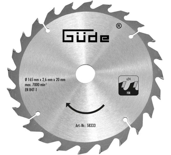 Güde HM-Sägeblatt HM 165x20x24Z für Tauchsäge TS 58-1200, TS 57-1400 KE
