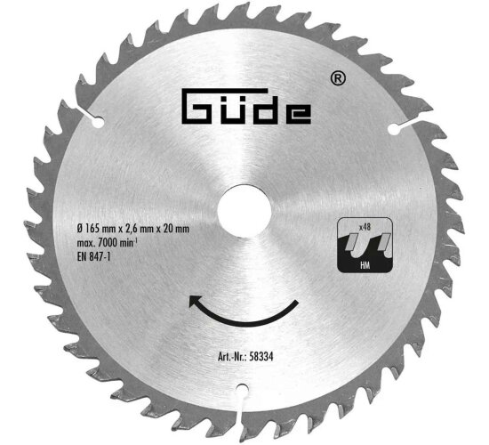 Güde HM-Sägeblatt HM 165x20x48Z für Tauchsäge TS 58-1200, TS 57-1400 KE