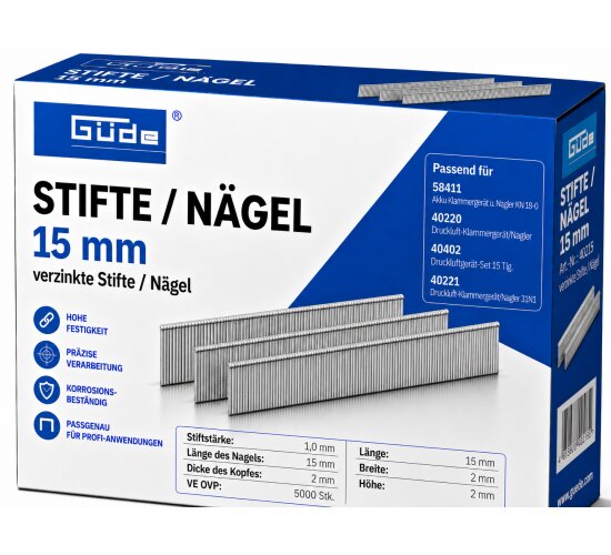 Güde Tacker Nägel / Stifte 15mm x 1 mm Kopf 2 mm 5000 Stk Verzinkt