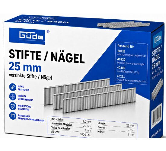 Güde Tacker Nägel / Stifte 25mm x 1 mm Kopf 2 mm 5000 Stk Verzinkt