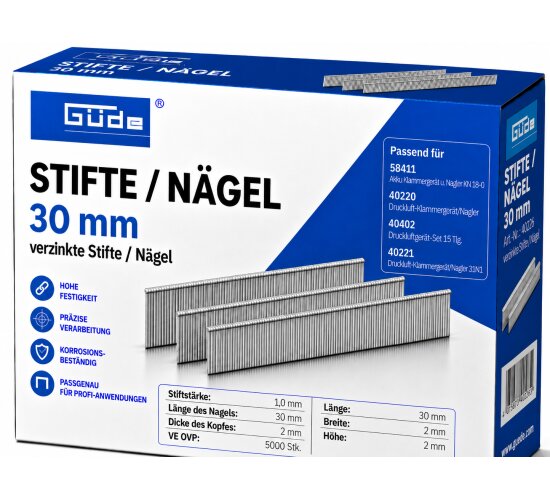 Güde Tacker Nägel / Stifte 30mm x 1 mm Kopf 2 mm 5000 Stk Verzinkt