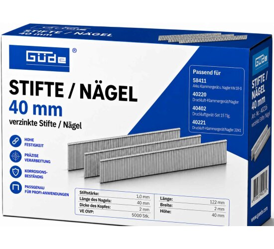 Güde Tacker Nägel / Stifte 40mm x 1 mm Kopf 2 mm 5000 Stk Verzinkt