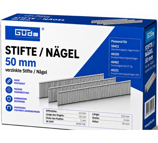 Güde Tacker Nägel / Stifte 50mm x 1 mm Kopf 2 mm 5000 Stk Verzinkt