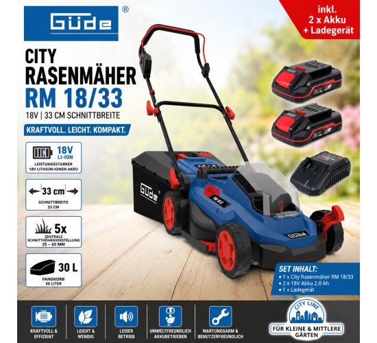 GÜDE City Rasenmäher RM 18/33 18V, 33 cm Schnitt mit 2 x Akku 2.0 Ah + Ladegerät