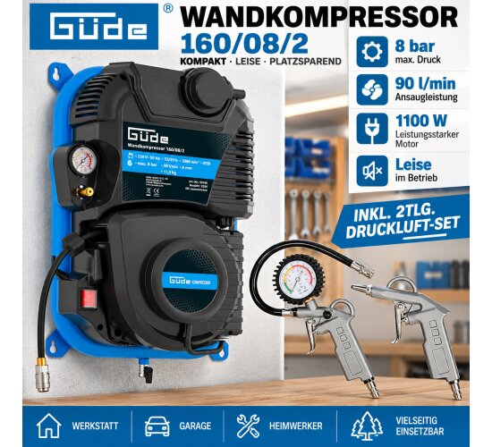 Güde Wandkompressor 160/08/2 ST 1100 W/230 V, Automatikschlauchtrommel, 9 m + 2er Set