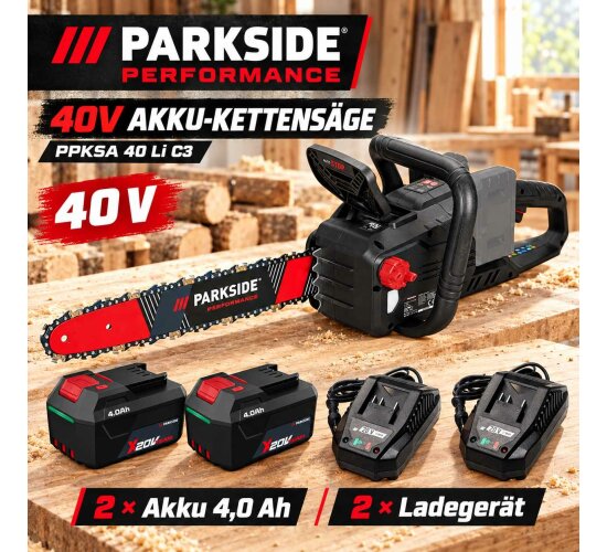 PARKSIDE PERFORMANCE 40V Kettensäge PPKSA 40 Li C3 2 x Akku 4.0 Ah, 2x Ladegerät C1